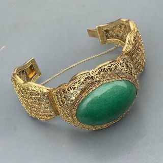 Wide Vintage Chinese Export Gold Gilt Silver Jade Jadeite Filigree Bracelet
