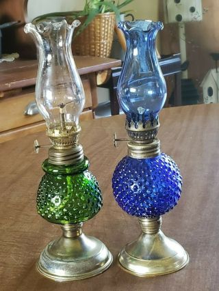 Pair Vintage Green Cobalt Blue Hobnail Glass Kerosene Oil Lamp Hong Kong 10 - 1/4 "