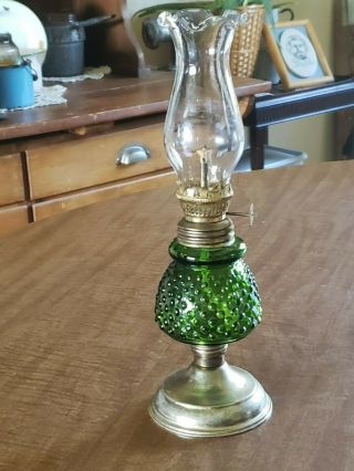 Pair Vintage Green Cobalt Blue Hobnail Glass Kerosene Oil Lamp Hong Kong 10 - 1/4 