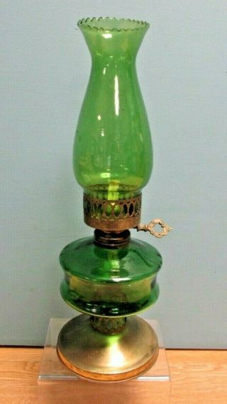 Vintage Green Glass Oil Lamp (sail Boat Brand,  Hong Kong) 38cm Tall