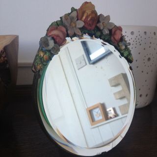 Vintage Barbola Floral Small Round Beveled Mirror With Easel Back