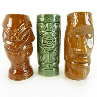 (3) Tiki Mugs - 6.  5 " Brown Green Ceramic Glasses Easter Island God 2 Sided