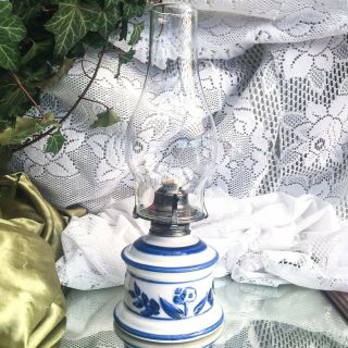 Vintage Lamplight Farms Cobalt Blue & White Ceramic Oil Lamp Lantern Collectible