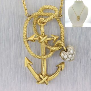 Vtg.  Tiffany & Co.  18k Yellow Gold Diamond Heart Sailors Boat Anchor Necklace A9