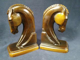 Vintage Pair Bronze Tone Trophy Craft Trojan Horse Head Bookends