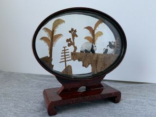 Vintage Chinese Hand Carved Cork Diorama Panda Bears & Bamboo Wood & Glass Frame