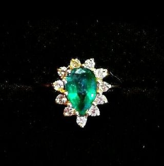 Romantic Vintage Emerald And Diamond 14k Yellow Gold Estate Engagement Ring