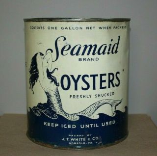 Vintage 1 Gallon Seamaid Brand Oyster Tin Can Norfolk Virginia Chesapeake Bay
