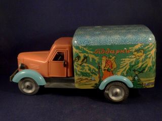 Vintage rare tin toy wind - up Russian Soviet delivery truck Santa Claus 50 ' s 2