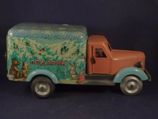 Vintage rare tin toy wind - up Russian Soviet delivery truck Santa Claus 50 ' s 3
