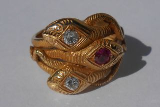 Snake Ring - Vintage Serpent 14k Gold Ring With Diamonds And Ruby