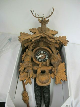 Vintage Germany Black Forest Cuckoo Clock Stag Hare Bird Rifles Hunters 8 Day