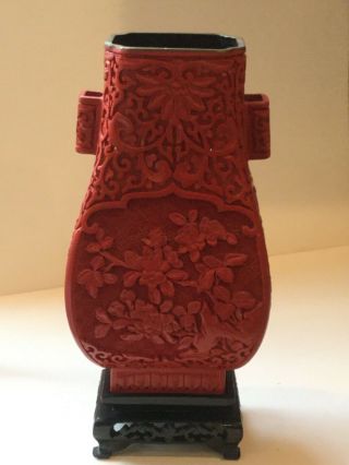 Vintage Chinese Red Cinnabar Carved Vase On Wooden Stand,  Circa 1930