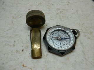 2 Vintage Compasses Brass Pin On And Pocket Compass