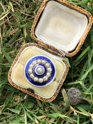 Antique Large Closed Back Pearl And Blue White Enamel Target Ring Gold