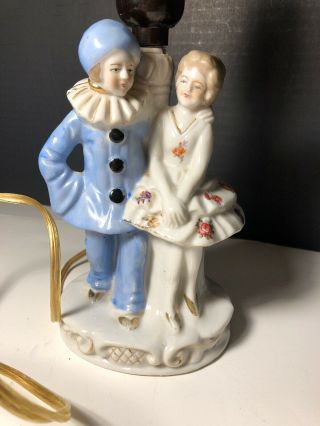 Vintage Porcelain Jester Man & Woman Figures Small Table Lamp Made In Japan Work