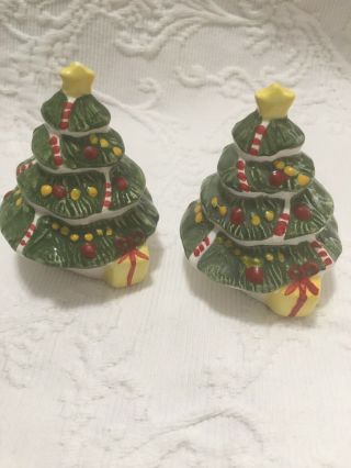 Fitz And Floyd Hand Painted Wee Christmas Trees Salt Pepper Shaker
