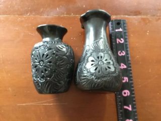 2 Mexican Oaxaca Black Clay Intricate Pottery Vases One Signed Dona Rosa