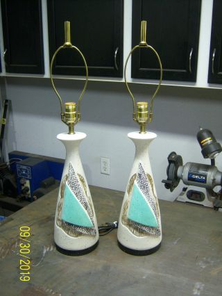 Pair Vintage Mid Century Lamps Teal Aqua Green Chalkware Atomic Table Finial