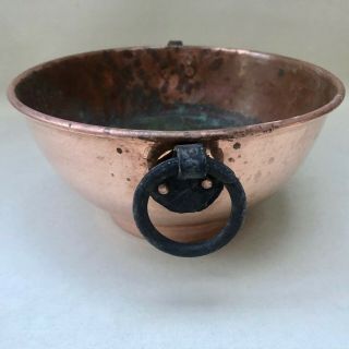 VINTAGE FRENCH ROUND COPPER JARDINIERE PLANT POT WITH TWO WROUGHT IRON HANDLES 2