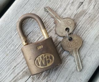 Vintage Wb Wilson Bohannan Brass Padlock W/ 2 Keys /