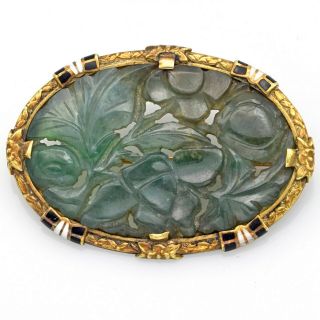 Antique 14k Yellow Gold Carved Green Jade & Enamel Oval Brooch Pin 9.  0 Grams