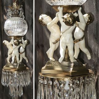 Cherub Chandelier Lamp Vintage Swag Shabby Spelter Brass French Cut Crystal Ball