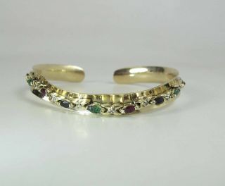 Maine Estate 14k Gold Ruby Emerald Sapphire & Diamond Cuff Bracelet