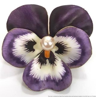 Giant Antique Victorian 14k Gold Enamel Cultured Pearl Pansy Signed Brooch