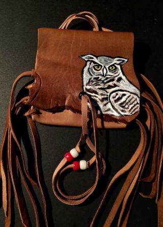 Owl Hand Painted Lambskin Medicine Bag,  With Fringe And Pony Beads.