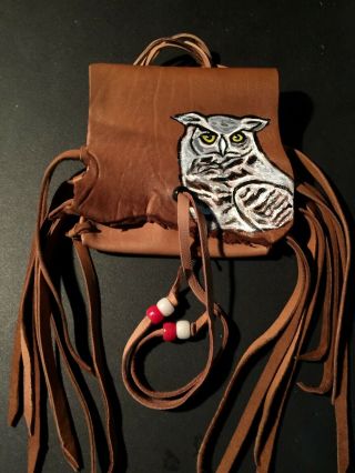 OWL Hand painted Lambskin Medicine bag,  with fringe and Pony beads. 2