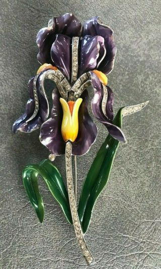 Alfred Philippe Crown Trifari Enamel Pave Rhinestone Orchid Flower Pin Brooch