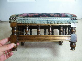 Antique Small Solid Wood Foot Stool With Tapestry Top 2