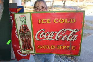 Vintage 1931 Coca Cola Bottle Soda Pop Gas Station 28 " Embossed Metal Sign