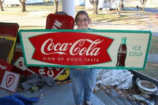 Large Vintage 1958 Coca Cola Fishtail Soda Pop Gas Station 54 " Metal Sign