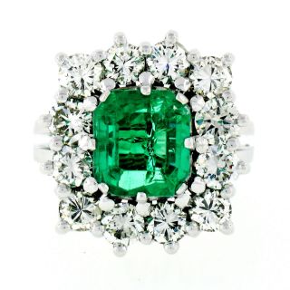 Vintage 18k White Gold 5.  69ctw Gia Fine Emerald & Diamond Halo Cocktail Ring