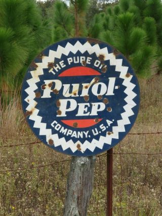 Pure Oil Purol Pep Double Sided Porcelain Curb Sign Burdick Newberry 25 1/2