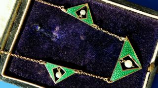 Antique Art Deco Solid 9ct Gold Enamel & Pearl Elegant Necklace
