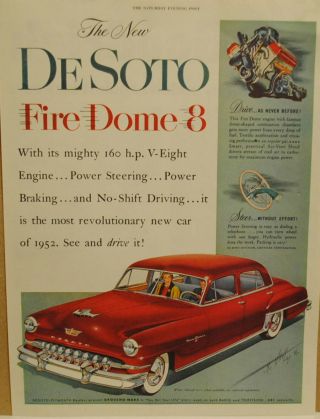 1952 Desoto Fire Dome 8 Red Four Door Sedan Print Art Ad
