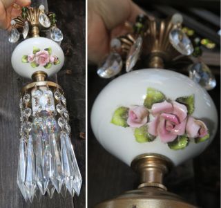 1 Vintage Capodimonte Pink Rose Porcelain Brass Swag Plug Lamp Beaded Chandelier