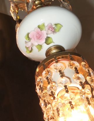 1 Vintage Capodimonte PInk ROSE porcelain Brass swag plug lamp Beaded chandelier 2