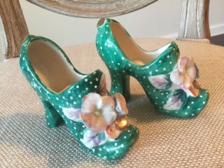 Vintage Porcelain High Heel Shoes Made In Japan Hand Painted Floral