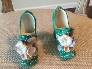 Vintage Porcelain High Heel Shoes Made In Japan Hand Painted Floral 2
