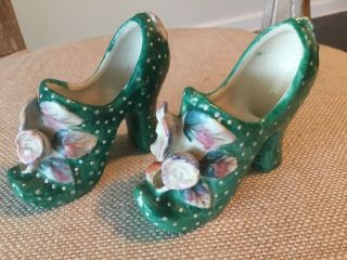 Vintage Porcelain High Heel Shoes Made In Japan Hand Painted Floral 3