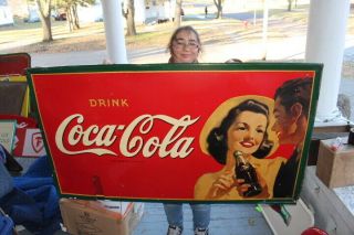 Rare Large Vintage 1942 Coca Cola Soda Pop Gas Station 56 " Metal Sign
