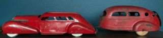 1930s Wyandotte Pressed Steel Toy Lasalle Sedan Car & Air Stream Camper Trailer