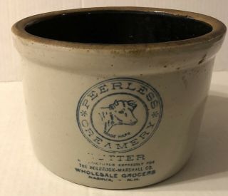 Vintage Peerless Creamery Butter Crock Stoneware Nashua Nh Cow Farm Kitchen Usa