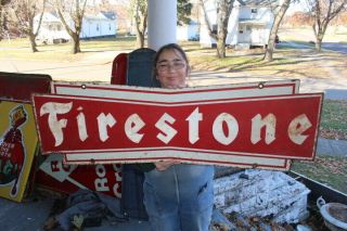 Vintage C.  1960 Firestone Tires Gas Station 2 Sided 48 " Metal Sign