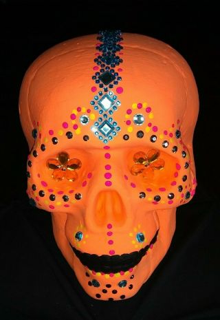 Mexican Neon Orange Calavera Sugar Skull Day Of The Dead Embellished Skeleton