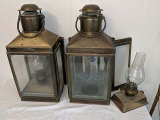 Pair Large Antique Vintage Brass Ship Mast Lantern Light Oil Lamp